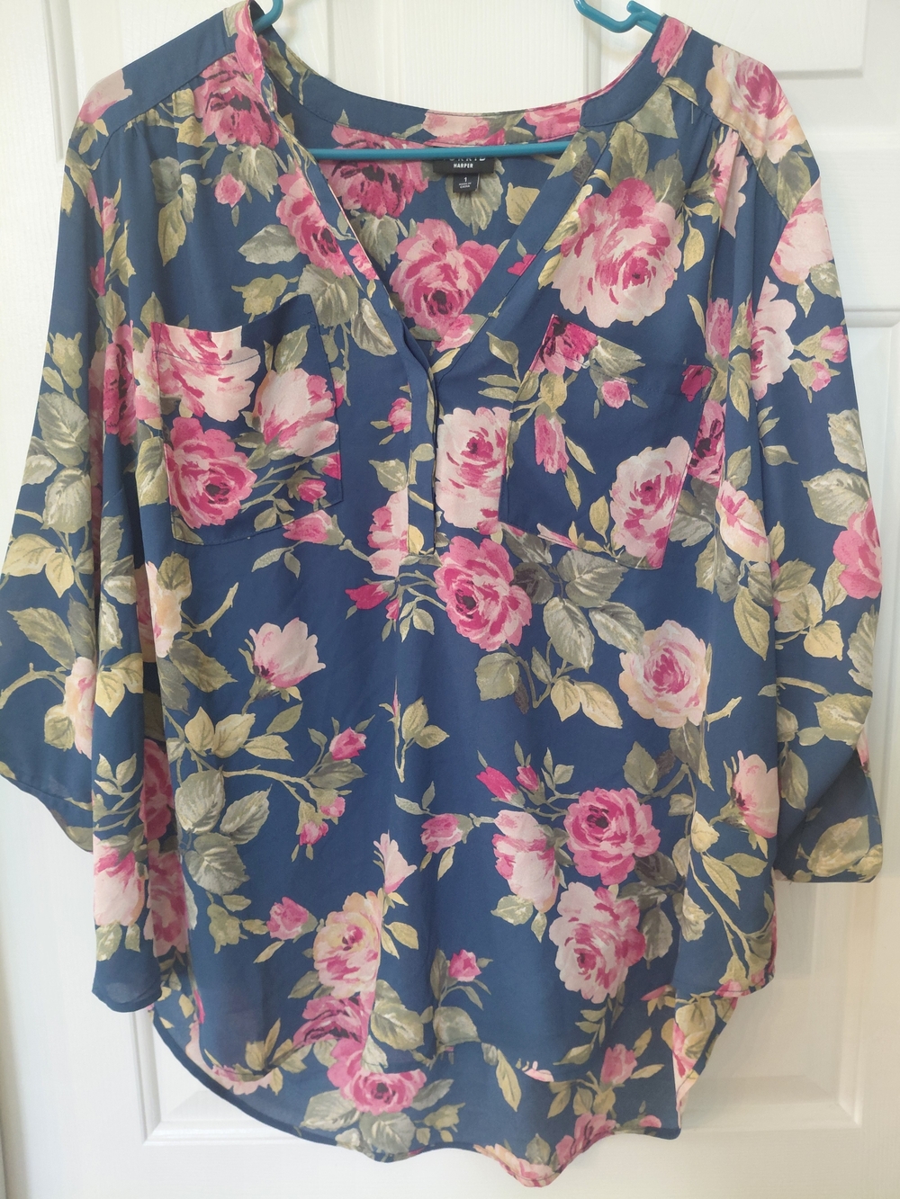 TORRID harper Navy Floral V-Neck Blouse with Pink Roses